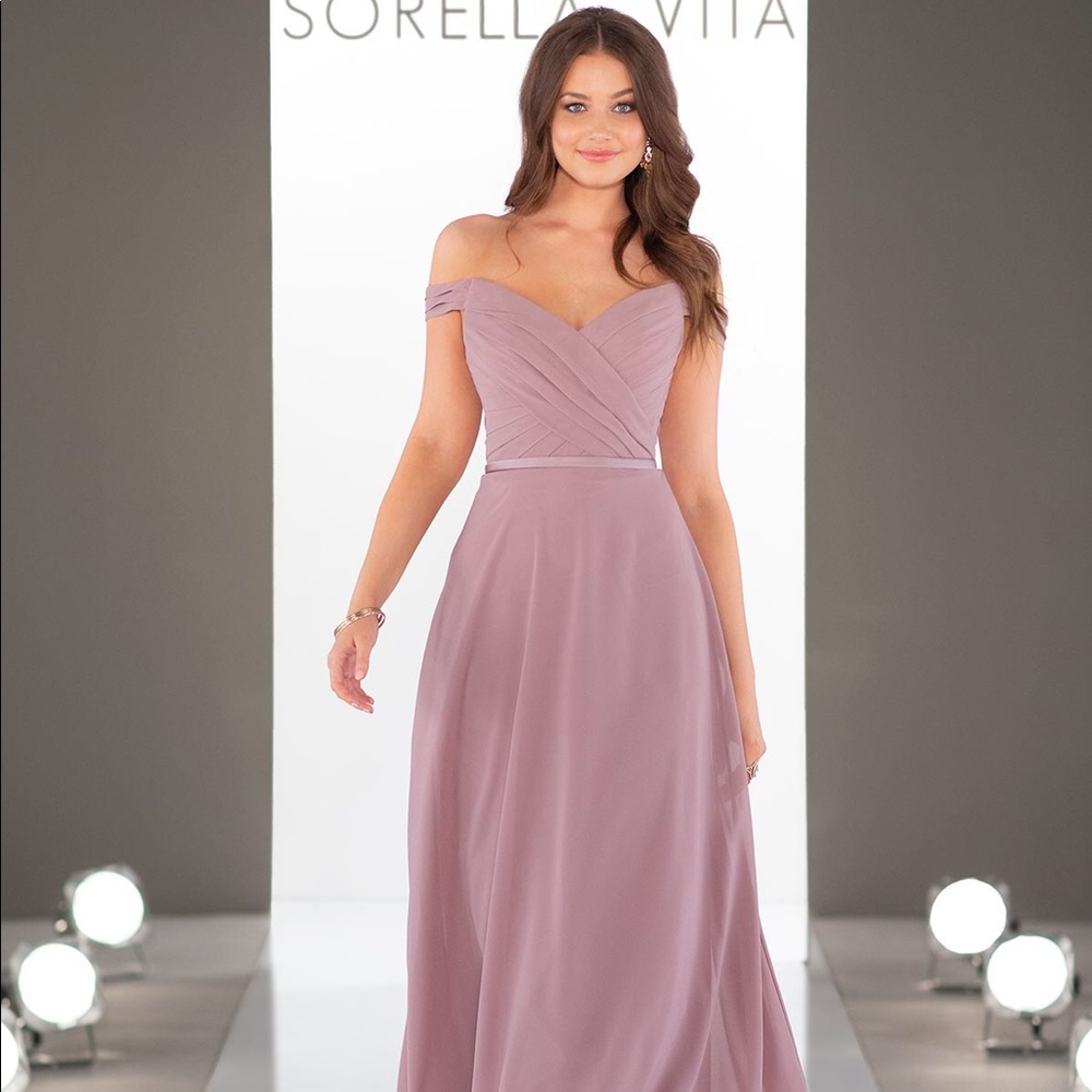 Dusty lavender off shoulder bridesmaid dress